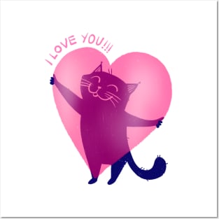 Cute blue cat holding a big pink heart - version 2 Posters and Art